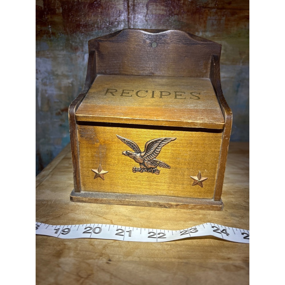 Vintage Lobeco Wood Recipe Box American Eagle Star Handcrafted Japan Americana